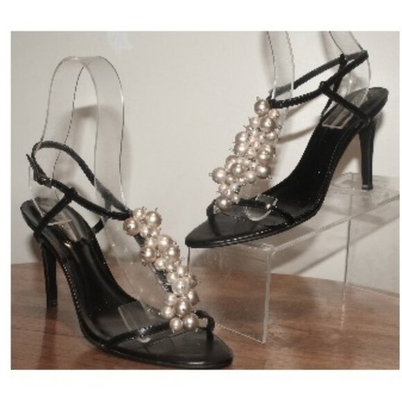 $299 Lenny e Cia Black Pearl Embellished Strappy Stiletto Heels Sandals 37 6.5 - Picture 1 of 8